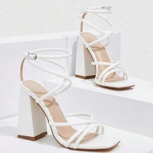 Pending • White Strappy Block Heel Sandals with Ankle Wrap